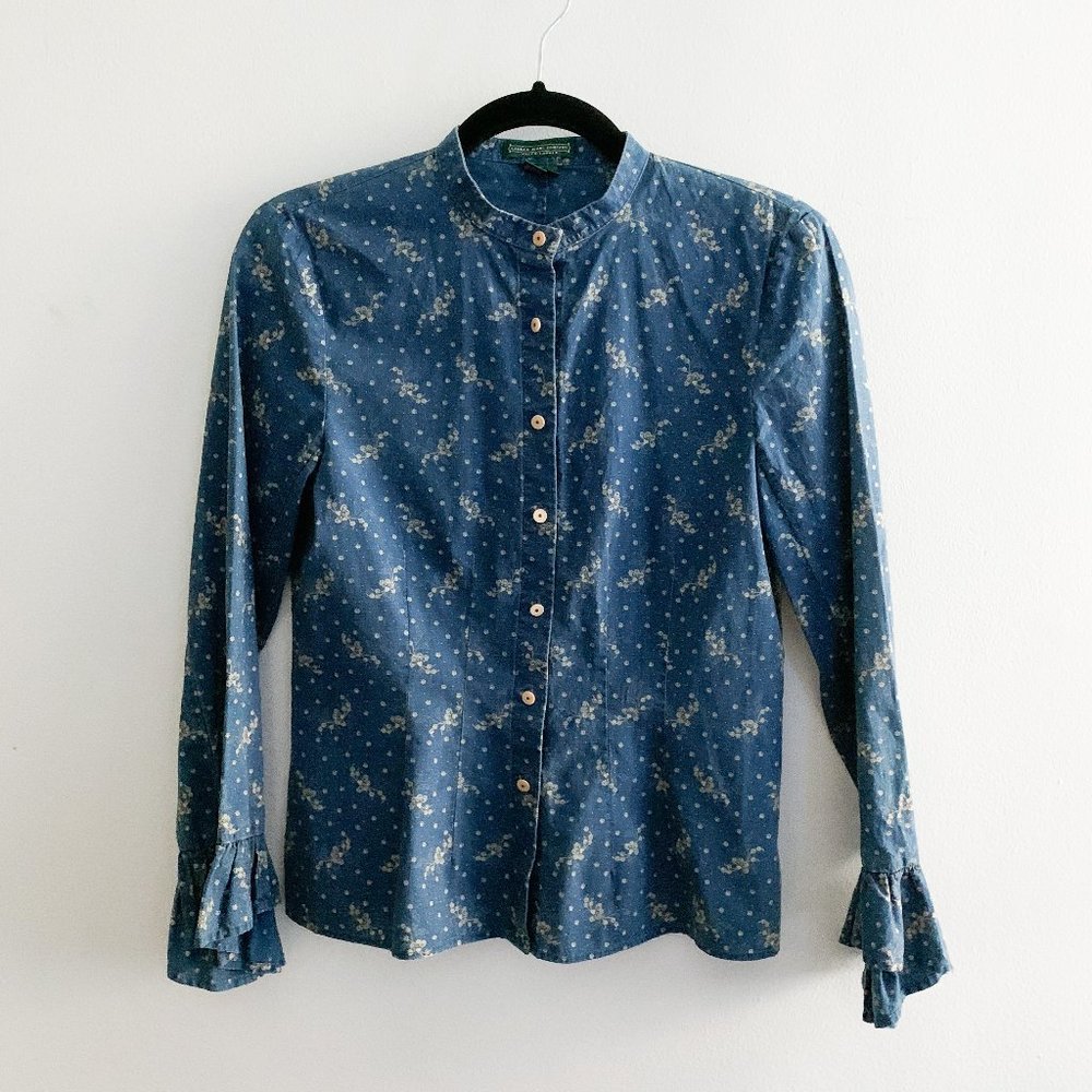 Cottagecore Blue Chambray Floral Button Up Shirt